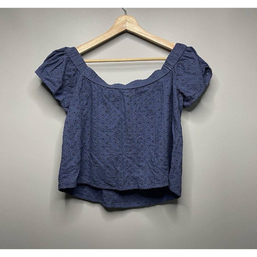 Abercrombie & Fitch Off The Shoulder Blouse Top Womens L Blue Eyelet Boho Casual - Picture 5 of 6